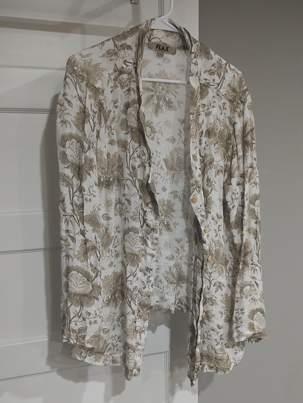 FLAX Button Down Shirt Womens L Tan Floral Linen Long Sleeve Cottagecore Coastal